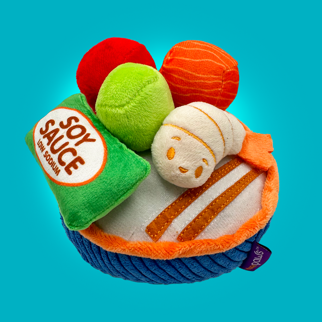 Poke bowl themed plush cat toy playset on a blue background